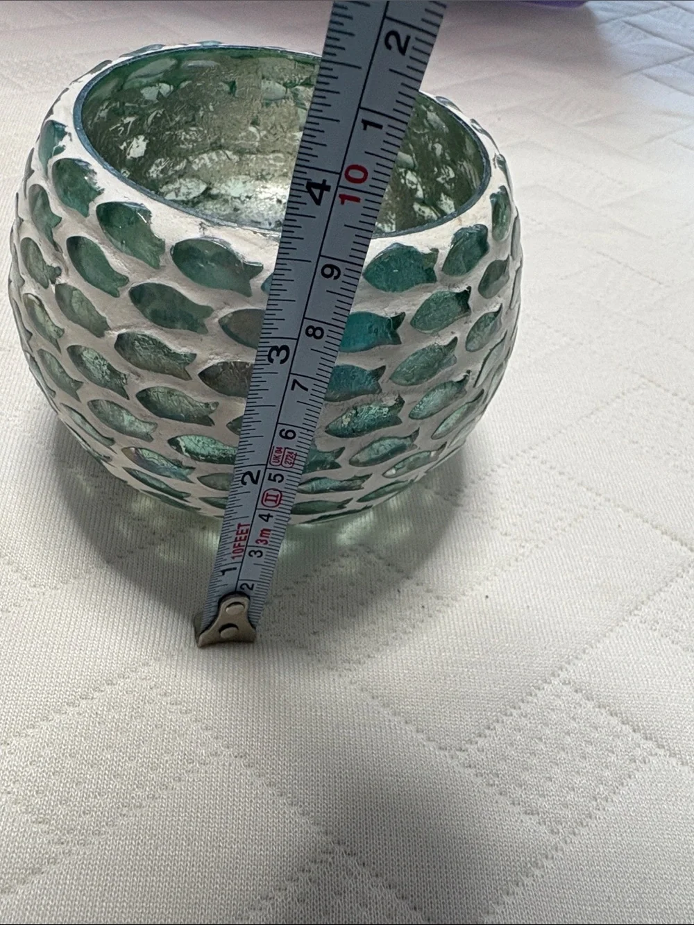 Handmade White and Teal Fish Mosaic Decorative Bowl